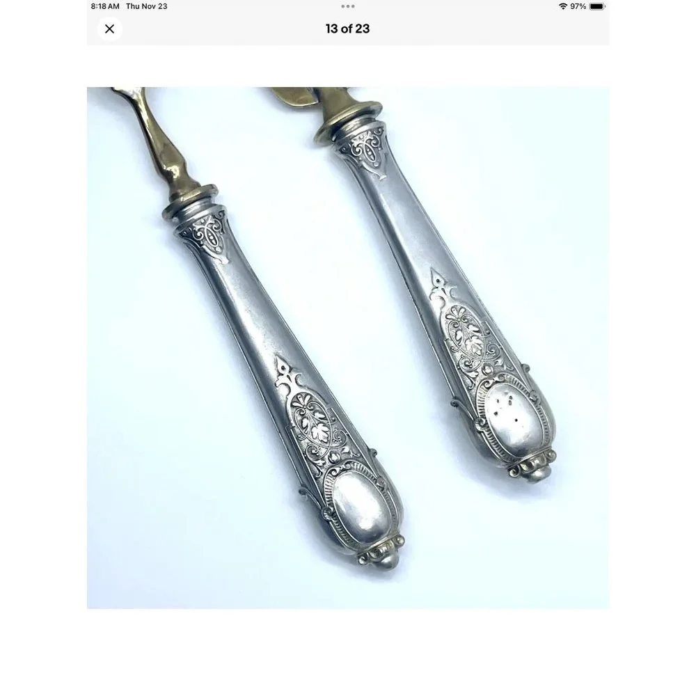 Rare Antq Ornate Motif Fish Dining Serving Set Silver Parcel Gilt Cutlery HTF